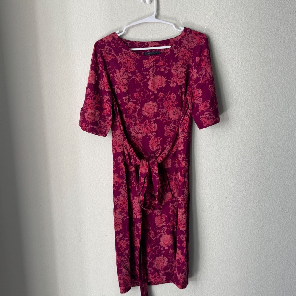 Marks & Spencer Berry Pink Floral Short Sleeve Tie Waist Sheath Dress UK 8 US 4